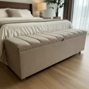 Recamier Baú 160cm Para Cama Queen Sued Pé De Madeira Bege